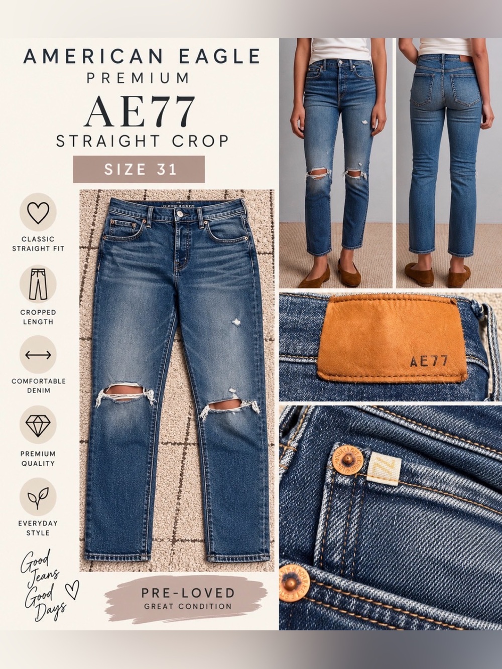AE77 American Eagle Premium Distressed Straight Jeans.